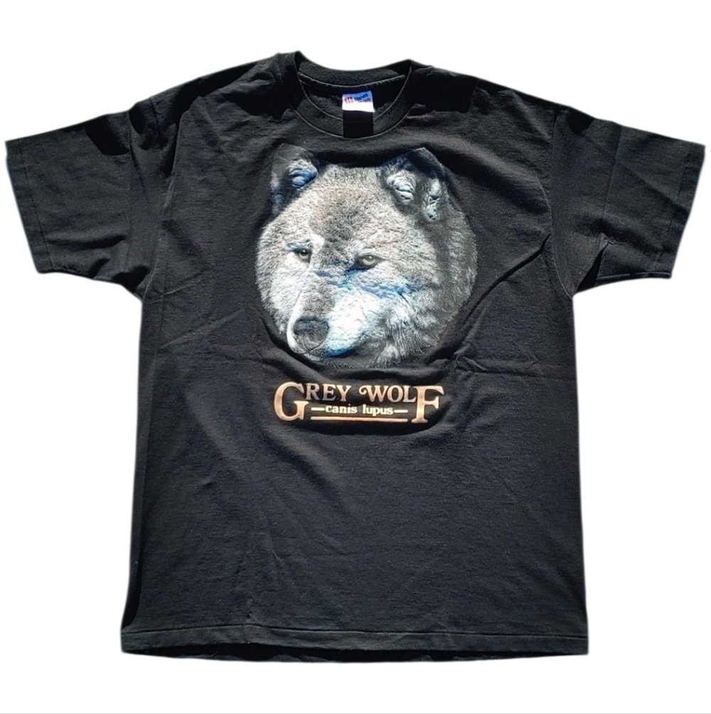 Vintage 90s Grey Wolf Graphic T-Shirt XL Hanes Made in USA Single Stitch